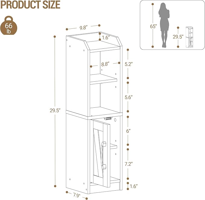 Bathroom Storage Cabinet, Small Farmhouse Corner Floor Cabinet with Door and Shelves, Narrow Toilet Paper Holder Stand, Bathroom Organizer with Adjustable Shelf, for Small Spaces, Black