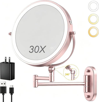 9" Wall Mounted Lighted Makeup Mirror,4000mAh Rechargeable Double Sided 1X/30X Magnifying Mirror with Light,Touch Dimmable,Extended Arm 360 Rotation Wall Mounted Makeup Mirror 3 Color Lights-gold