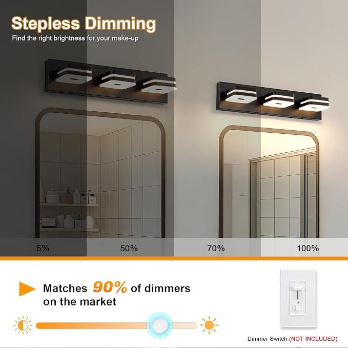 Modern Bathroom Vanity Lights, 3-Light Dimmable LED Wall Sconce, Matte Black Vanity Light for Mirror, 5CCT Adjustable Vintage Bathroom Lighting Fixtures Over Sink