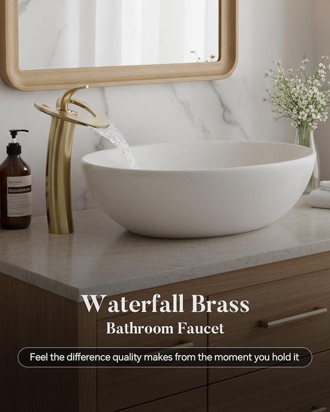 Tall Brushed Gold Waterfall Unique Bathroom Faucets, Single Lever 1 Hole Vessel Sink Faucets for Bathroom Vanity, Hot Cold Mixer Tap with Supply Hoses and Pop up Drain, llaves para lavamanos de baño