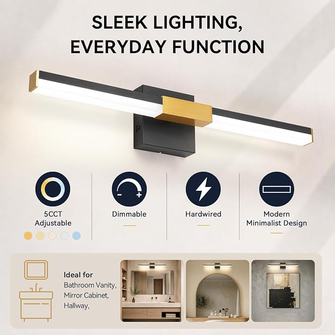 SOLFART Bathroom Light Fixtures 5CCT: Black and Gold 24-Inch LED Bar Dimmable Detachable 4-Way Light Direction Vanity Lights for Bathroom ETL IP44