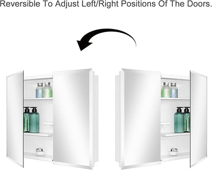 Fundin White Medicine Cabinet Recessed or Surface Mount, Bathroom Medicine Cabinet with 30 x 24 Beveled Edge Mirror Size and Adjustable Staggered Shelves