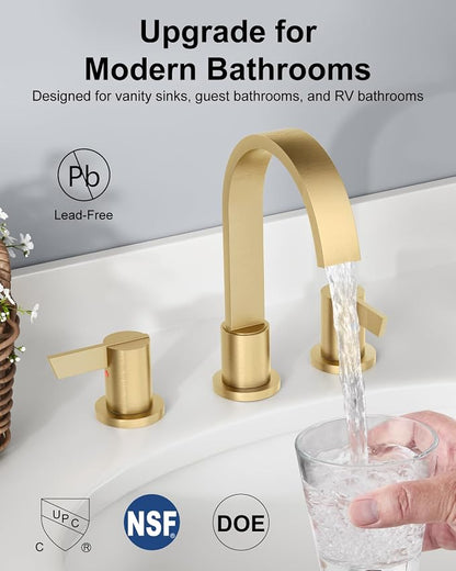 Gold 3 Hole Bathroom Faucet,8" Widespread Vanity Faucet | 2 Handle Waterfall Bathroom Sink Faucet with Pop-Up Drain,Supply Lines,360° Swivel Spout,Lead-Free Stainless Steel,Deck Mount