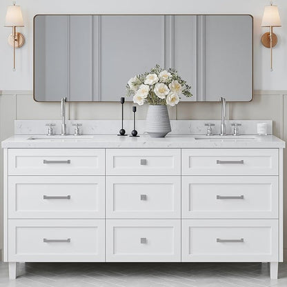 ARIEL Monroe 72-inch Bathroom Vanity with Sink,Solid Wood, 1.5-inch Carrara White Quartz Countertop & Backsplash, Double Oval Porcelain Sink, 9 Dovetail Drawers, Brushed Nickel, White