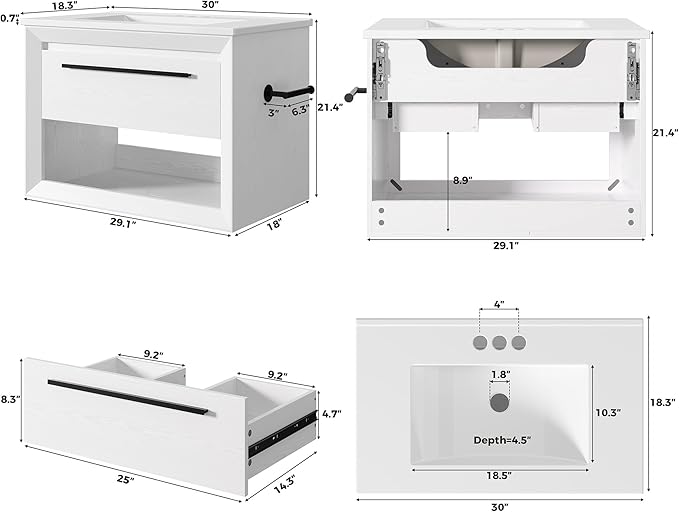 IRONCK 30" Bathroom Vanity with Sink, Wall Mounted Bathroom Vanity with 1 Drawer ＆ 1 Open Shelf, Modern Floating Bathroom Sink Cabinet with Undermount Ceramic Sink, Easy Assembly, White