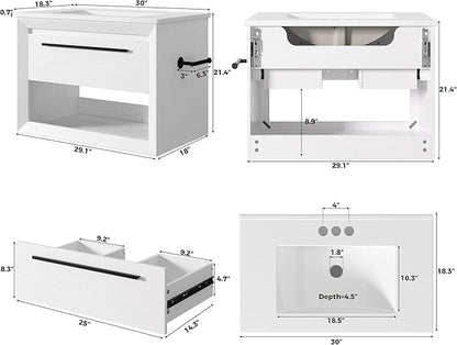 IRONCK 30" Bathroom Vanity with Sink, Wall Mounted Bathroom Vanity with 1 Drawer ＆ 1 Open Shelf, Modern Floating Bathroom Sink Cabinet with Undermount Ceramic Sink, Easy Assembly, White