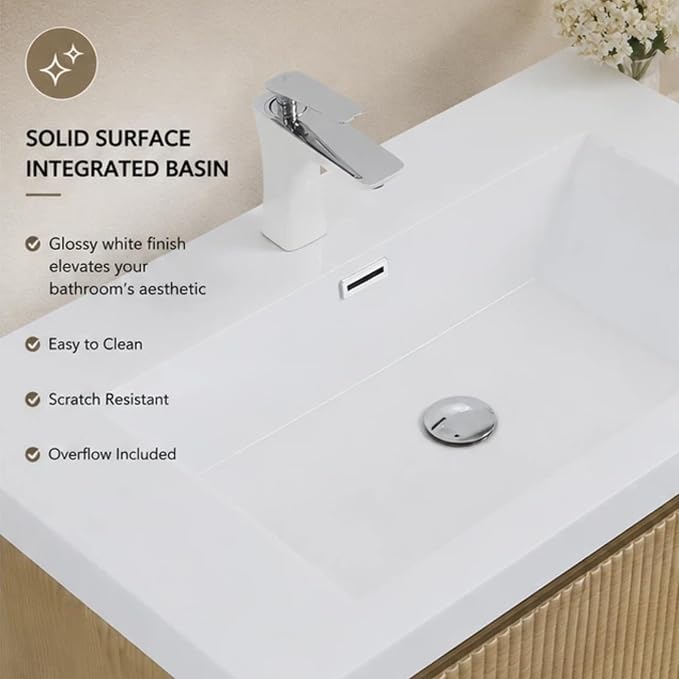 Floating Bathroom Vanity, 30" Wall Mounted Bathroom Cabinet with Glossy White Stone Resin Sink & U-Shaped Soft-Close Drawer, Pre-Assembled Striped Storage Vanity for Bathroom, Natural Wood