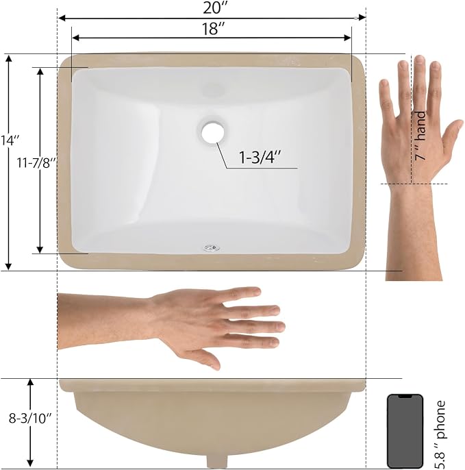 Mocoloo Undermount Bathroom Sink 20" x 14" Rectangle White Ceramic Bathroom Sink 8 Inch with Vertical Sides and Overflow Drain Porcelain Rectangular Undermount Vanity Sinks Interior Size 18 x 11