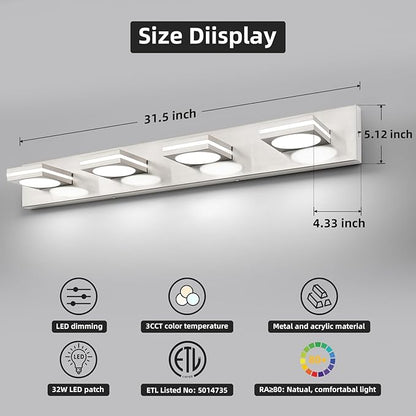 OKELI LED Modern Bathroom Vanity Light Fixtures (4-Light, 30-Inch), Brushed Nickel Acrylic Bathroom Wall Lighting Fixtures Over Mirror, 3CCT, ETL Listed, Dimmable