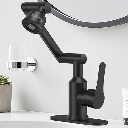 Stainless Steel Bathroom Sink Faucet, 1080° Rotatable, Matte Black | Fit 1 Hole Sink, 4 Water Outlet Modes, Three-stage Rotating Design, Flexible Adjustment, Anti-Rust, No Leakage, Single Handle