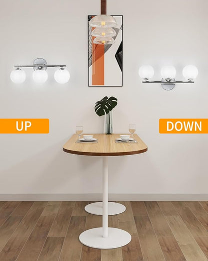 foucasal Chrome 3-Light Globe Bathroom Vanity Light Fixture Over Mirror | G9 Socket, Plastic Milk Globe Shades, 4.72" Base, 10W Max, Adjustable Up/Down Light, Mid Century Style for Bathroom Bedroom