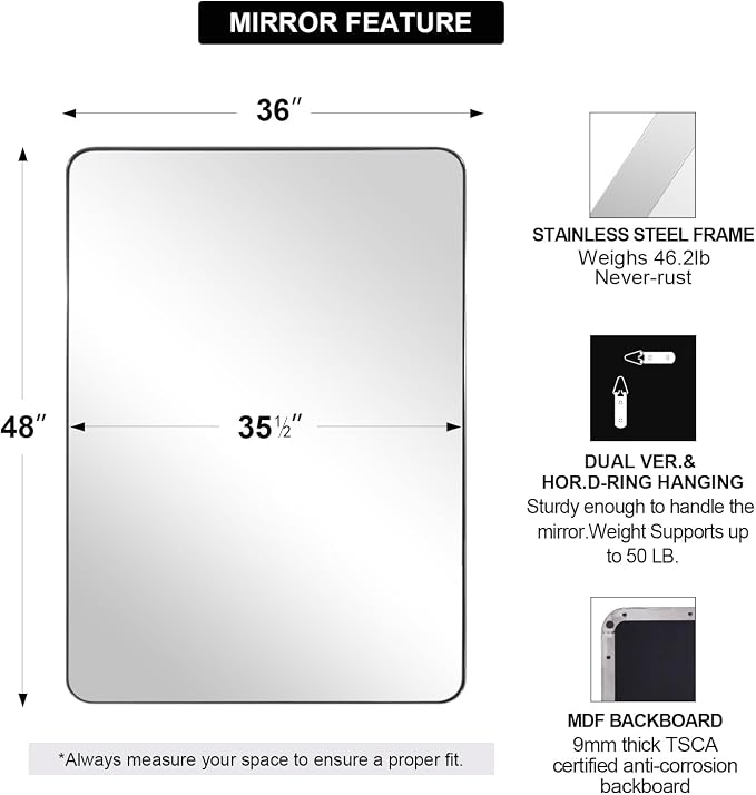 36"x48"Chrome Bathroom Mirror, Large Wall Mirror for Bathroom, Rounded Rectangle Mirror in Premium Stainless Steel Metal Frame Hangs Horizontal Or Vertical…