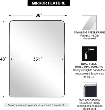 36"x48"Chrome Bathroom Mirror, Large Wall Mirror for Bathroom, Rounded Rectangle Mirror in Premium Stainless Steel Metal Frame Hangs Horizontal Or Vertical…