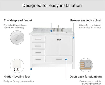 ARIEL Cambridge 42-inch Bathroom Vanity with Sink,Solid Wood, 1.5-inch Italian Carrara Marble Countertop, Single Rectangular Porcelain Sink, 2 Soft Closing Doors, 5 Dovetail Drawers, White