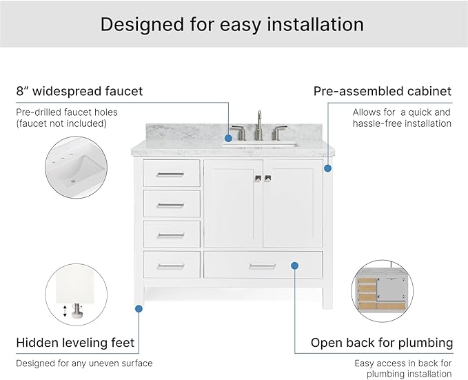 ARIEL Cambridge 42-inch Bathroom Vanity with Sink,Solid Wood, 1.5-inch Italian Carrara Marble Countertop, Single Rectangular Porcelain Sink, 2 Soft Closing Doors, 5 Dovetail Drawers, White
