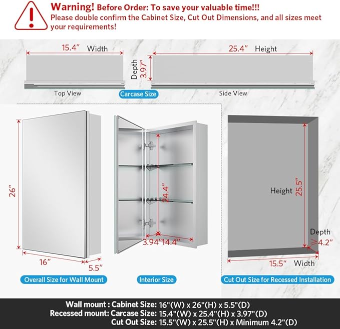 Quavikey Medicine Cabinet with Mirror, Aluminum Surface Mount or Recessed Bathroom Medicine Mirror Cabinet 16x26 Inch, Silver