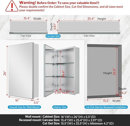 Quavikey Medicine Cabinet with Mirror, Aluminum Surface Mount or Recessed Bathroom Medicine Mirror Cabinet 16x26 Inch, Silver