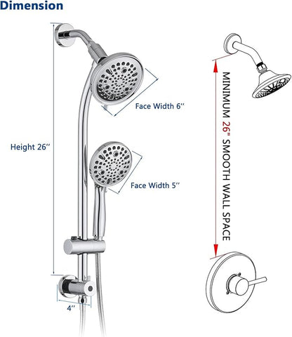 Rainfall Shower Head with Handheld Shower Spray, with 26" Drill Free Adjustable Height Slider Bar, High Pressure Dual Shower Head Combo, 3-Way Diverter for Easy Reach, 5Ft Hose - Chrome Finish