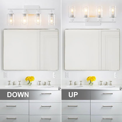 4 Light White Bathroom Light Fixtures Vanity Light Over Mirror Modern Wall Lighting Sconces Rustic Industrial Wall Lamp for Bathroom, Bedroom, Living Room E26 Socket with Glass Shade