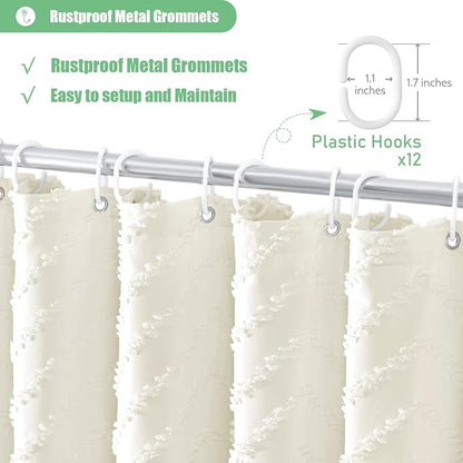 Extra Long Boho Shower Curtain Tufted Chevron 72"x96" Cream | 96 Inch Tall, Elegant Tassel, Lightweight Textured Fabric, Water Repellent, Washable, Hotel Spa, for Bathroom/Dorm 12 Hooks