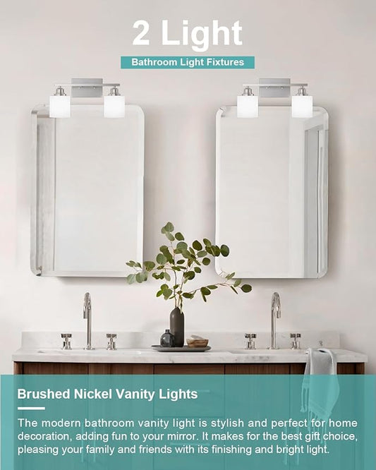 Sailstar Bathroom Light Fixtures 2-Light, Brushed Nickel Vanity Lights Fixtures, Modern Bathroom Vanity Light Over Mirror, Milky White Glass Shade & Anti-Rust Nickel Finished, Small Bathroom Light