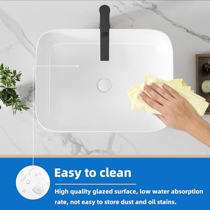 20" Rectangular Ceramic Vessel Sink, White Bathroom Vanity Sink Countertop | KINGWONG Modern No Overflow Wash Basin for Powder Room Guest Bath, Easy Clean Round Corners Above Counter Sink