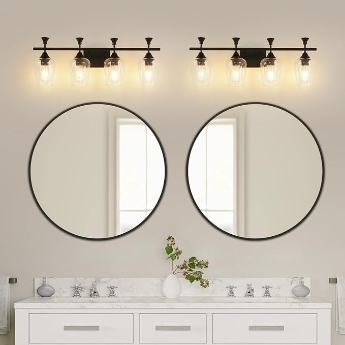 Bathroom Light Fixtures (4-Light, 29 Inch), Matte Black Vanity Lights for Bathroom with Clear Wine Glass Glass Shade, Modern Vanity Wall Lights for Mirror Bedroom Living Room Kitchen Hallway Porch