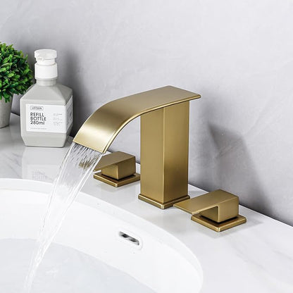 Bathroom Faucet 3 Hole, Brushed Gold Waterfall Bathroom Faucets, 8 Inch Widespread Modern Bathroom Sink Faucet & Parts, Wide Spread Touch On Three Hole 2 Handle Bath Vanity Faucet Mixer