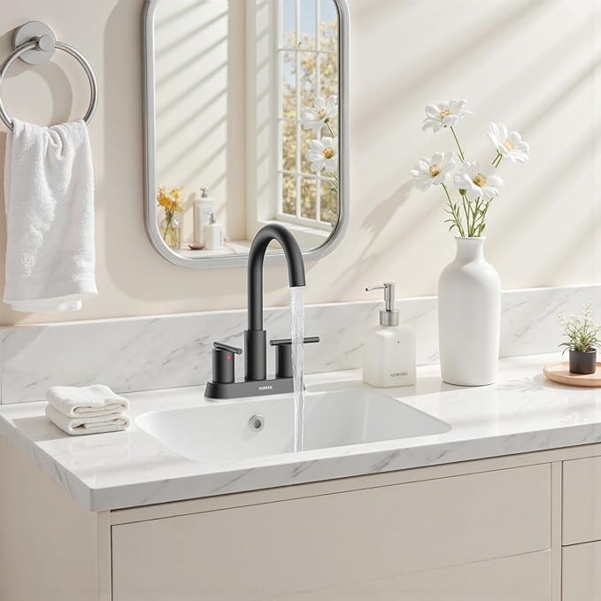 Hurran 4 Inch Bathroom Faucet for Sink 3 Hole, Matte Black Bathroom Faucet with Pop-up Drain and 2 Supply Hoses,Stainless Steel Lead-Free 2-Handle Centerset Faucet for Sink Vanity RV