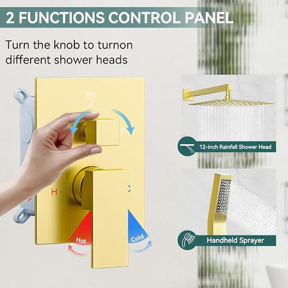 Shower System Shower Faucet Set, STARBATH 12" Wall Mount Rain Shower Head and Handheld Spray for Two Person, Rainfall Shower System with Diverter Valve and Trim Kit Complete，Brushed Gold