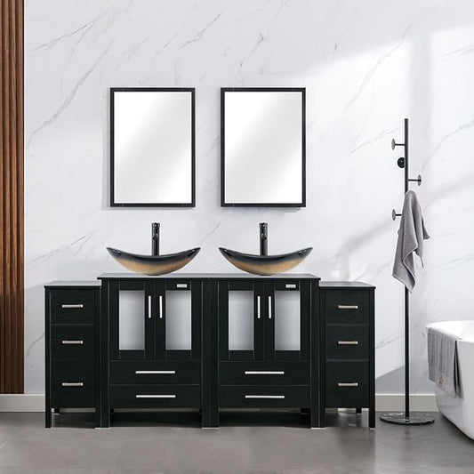 eclife 72" Modern Bathroom Vanity Sink Combo Freestanding Cabinet with Small Side Cabinet, Champagne Boat Glass Vessel Sink, Water Save Faucet, Drain (Black+A29CH)