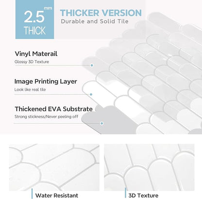 Vamos Tile Thicker Peel and Stick Backsplash Tile, White,10-Sheet | Self Adhesive Vinyl Wall Tiles with Gray Grout, Stick on Backsplash for Kitchen, Bathroom,RV,Laundry,11.1''x12''