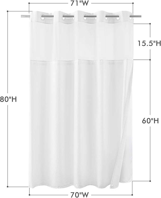 No Hook Long Shower Curtain with Snap-in Liner 71x80, White | Embossed Waffle-Look Textured, Sheer Window Hotel Style, Soft & Washable, 71 x 80 long Fabric Shower Curtain for Bathroom