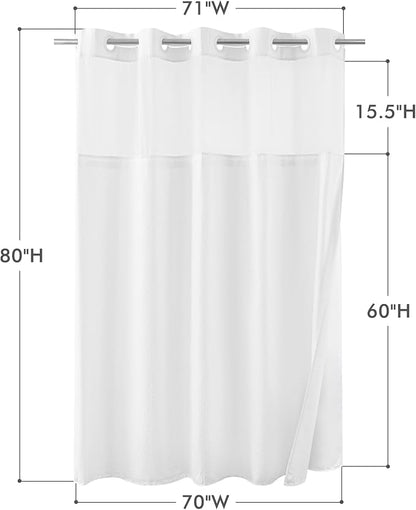 No Hook Long Shower Curtain with Snap-in Liner 71x80, White | Embossed Waffle-Look Textured, Sheer Window Hotel Style, Soft & Washable, 71 x 80 long Fabric Shower Curtain for Bathroom