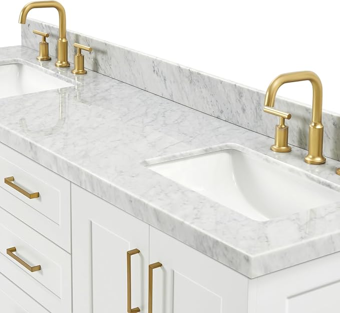 Emilia 66" White Double Bathroom Vanity, 1.5" Edge Italian Carrara Marble Countertop, Rectangular Sinks, 4 Soft Closing Doors, 6 Full Extension Dovetail Drawers, Satin Brass