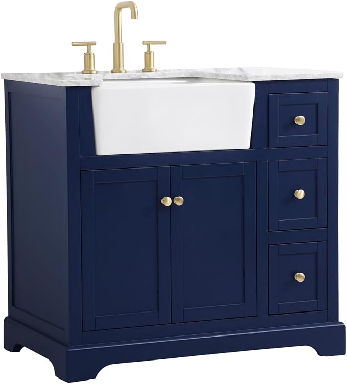 36" Pre-Assembled Bathroom Vanity with Sink, Solid Birch and MDF, Carrara White Marble Countertop Attached, Single Rectangle Porcelain Sink, 3 Soft-Close Drawers, Blue