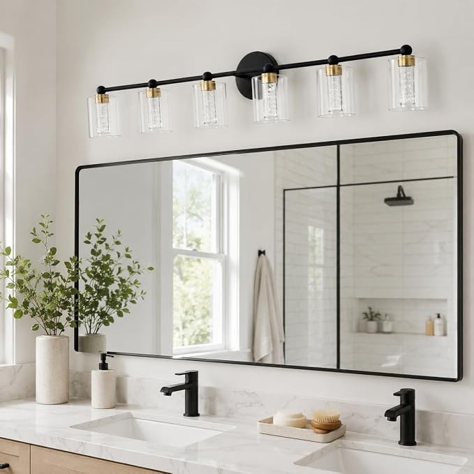 Black and Gold Vanity Light with 3 Color Modes, Eye Protection LED Bathroom Light Fixtures, Dimmable Modern Wall Light Over Mirror with Clear Glass Shade (Black & Gold, 6-Light)