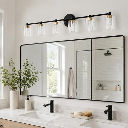 Black and Gold Vanity Light with 3 Color Modes, Eye Protection LED Bathroom Light Fixtures, Dimmable Modern Wall Light Over Mirror with Clear Glass Shade (Black & Gold, 6-Light)