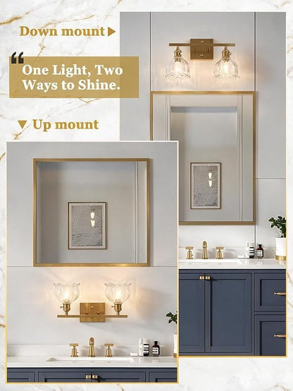 3-Light Vintage Bathroom Vanity Light, 19.4" Brass Hardwired Wall Sconce with Amber Tulip Glass Shades, Brushed Gold Vanity Light for Mirror, Restroom, Bedroom (Clear, 2-Light)