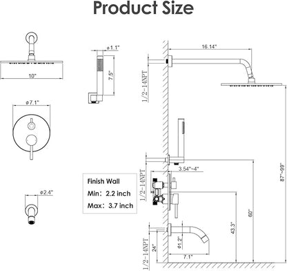 Gabrylly Black Shower System with Tub Spout, Bathtub Shower Faucets Set with 3-Way Shower Valve, High Pressure 10" Rain Shower head with Handheld Spray Combo, Wall Mounted Tub Shower Kit, Matte Black
