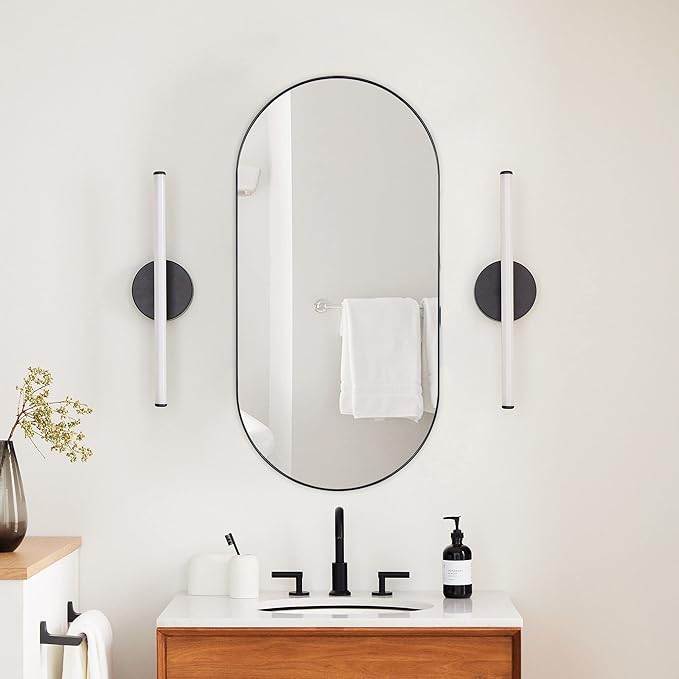Brushed Nickel Oval Recessed Bathroom Medicine Cabinet with Mirror Stainless Steel Metal Framed Oblong Pill Shaped Bathroom Cabinet with Mirror 16x33''