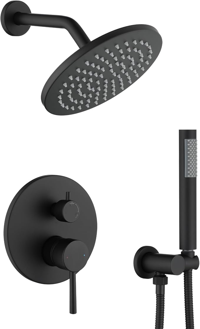 Shower System, All Metal Black Shower Faucet Set, Matte Black | 8" Rainfall Shower Head and Handheld Spray Combo, Round Shower Head and Handle Set with Valve and Trim Kit