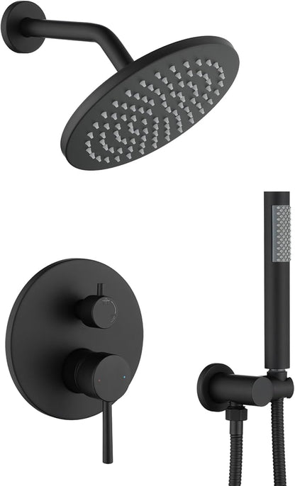 Shower System, All Metal Black Shower Faucet Set, Matte Black | 8" Rainfall Shower Head and Handheld Spray Combo, Round Shower Head and Handle Set with Valve and Trim Kit