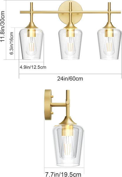Ralbay Gold Bathroom Vanity Light 3-Lights Vintage Gold Vanity Lights Wall Lighting Clear Glass Gold Bathroom Light Fixtures Over Mirror