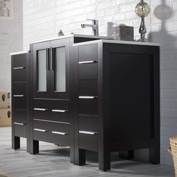 Blossom 48 in. Bathroom Vanity with Sink and Side Cabinet - Solid Wood Espresso Sink Vanity - 18-Inch Deep Narrow Footprint - Modern Tempered Glass Doors - High-End Master Bath Suite