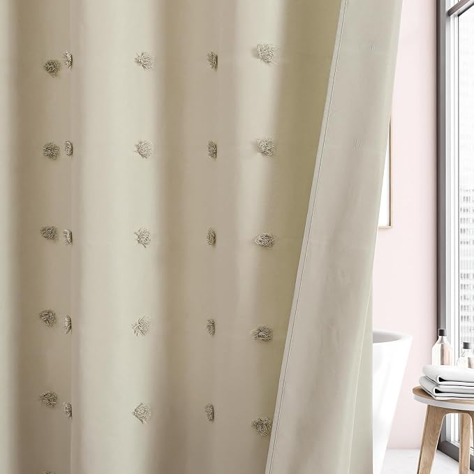 LilyCat Beige Farmhouse Tufted Floral Shower Curtain with Tassel, 72" x 78" | Waterproof Boho Fabric Shower Curtain Set with Hooks, Cute Rustic Vintage Bathroom Décor, Minimalist Cloth Bathroom Curtain