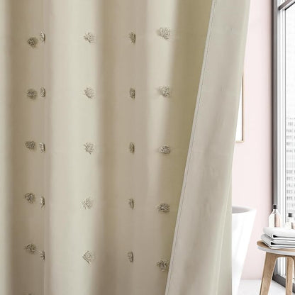 LilyCat Beige Farmhouse Tufted Floral Shower Curtain with Tassel, 72" x 78" | Waterproof Boho Fabric Shower Curtain Set with Hooks, Cute Rustic Vintage Bathroom Décor, Minimalist Cloth Bathroom Curtain