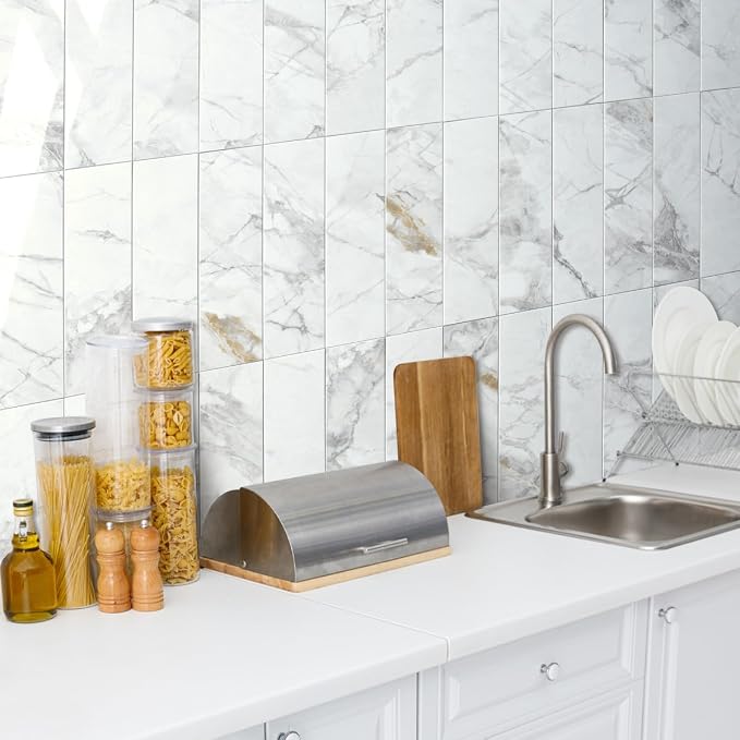 AULIGET Polished White Marble Peel and Stick Backsplash Wall Tiles, 3" x 12" PVC Faux Stone Stick on Tiles for Backsplash Kitchen, 4