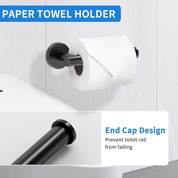 Matte Black Bathroom Accessories, Bathroom Hardware Set, SUS304 Stainless Steel Bathroom Towel Bar Set with 24 Inch Towel Holder, 2 Towel Hooks, Toilet Paper Holder, Towel Ring