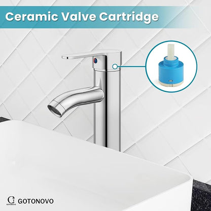 gotonovo Modern Vessel Sink Faucet with ABS Pop Up Drain, Polish Chrome | Modern Tall Bathroom Faucet 1 Hole Single Handle Round Body, cUPC Water Supply Hoses, Basin Mixer Tap for Vanity Lavatory Rv